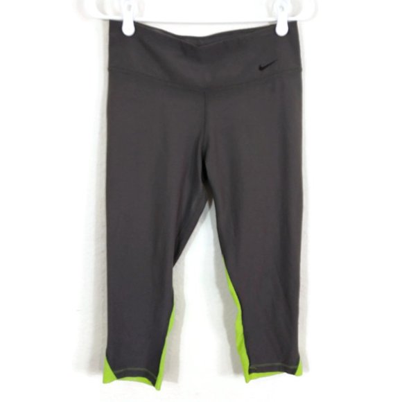 Nike Dri-Fit Womens Running Capri Leggings Back Pocket Mesh Inset Gray/Neon Sz M - Picture 1 of 8